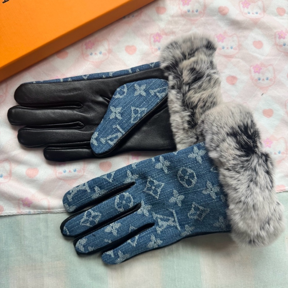 Louis Vuitton Denim Monogram Rabbit Fur Gloves - Picture 6 of 7